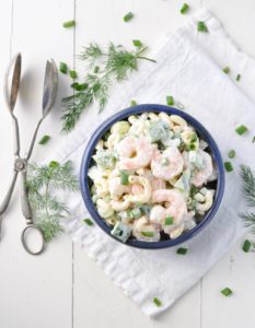 A bowl of Aunt Bee's Shrimp and Pasta Salad.