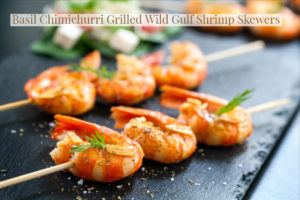 Wild American Shrimp Recipes - Basil chimichurri grilled Wild Gulf Shrimp skewers