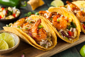 A plate of shrimp tacos.