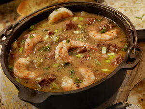 A bowl of shrimp and sausage gumbo.
