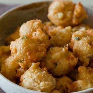 A bowl of Shrimp and Corn Fritters.