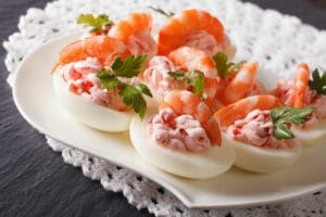 A plate of shrimp deviled eggs.