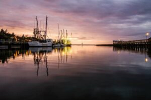 Docked Shrimp boats at sunset
