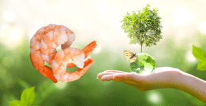 Shrimp next to a hand holding a small planet Earth with butterfly on it and a tree growing out of it.