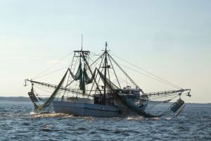 A shrimp boat with its nets in the water.