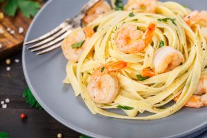 A plate of tasty shrimp pasta.