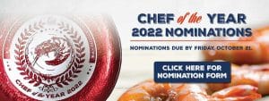 The Chef of the Year 2022 plaque next to a pile of shrimp, with overlaid text that reads: "Chef of the Year 2022 Nominations. Nominations due by Friday, October 21. Click here for nomination form."